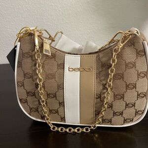🔥BRAND NEW Bebe Brown and White Shoulder Bag with Gold Accents